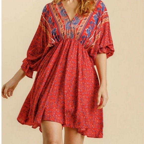 Umgee Dresses & Skirts - Umgee Red Bohemian V-Neck Dress with Blue and Orange Accents size 1X